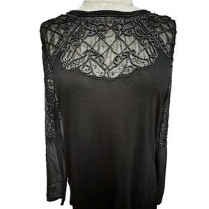 H&M Black Beaded Chiffon Blouse Long Sleeve